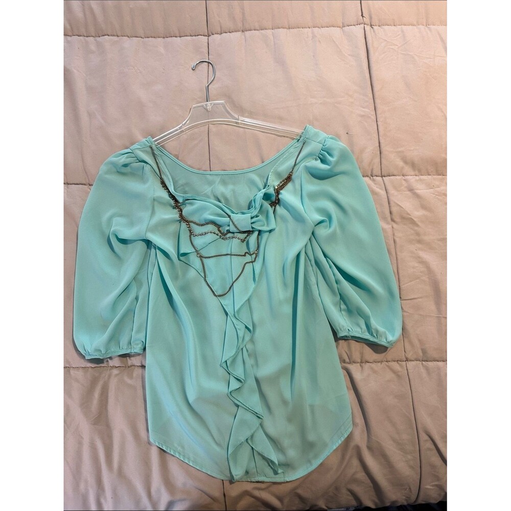 BONGO Mint Green Ruffle Front Puff Sleeve Blouse